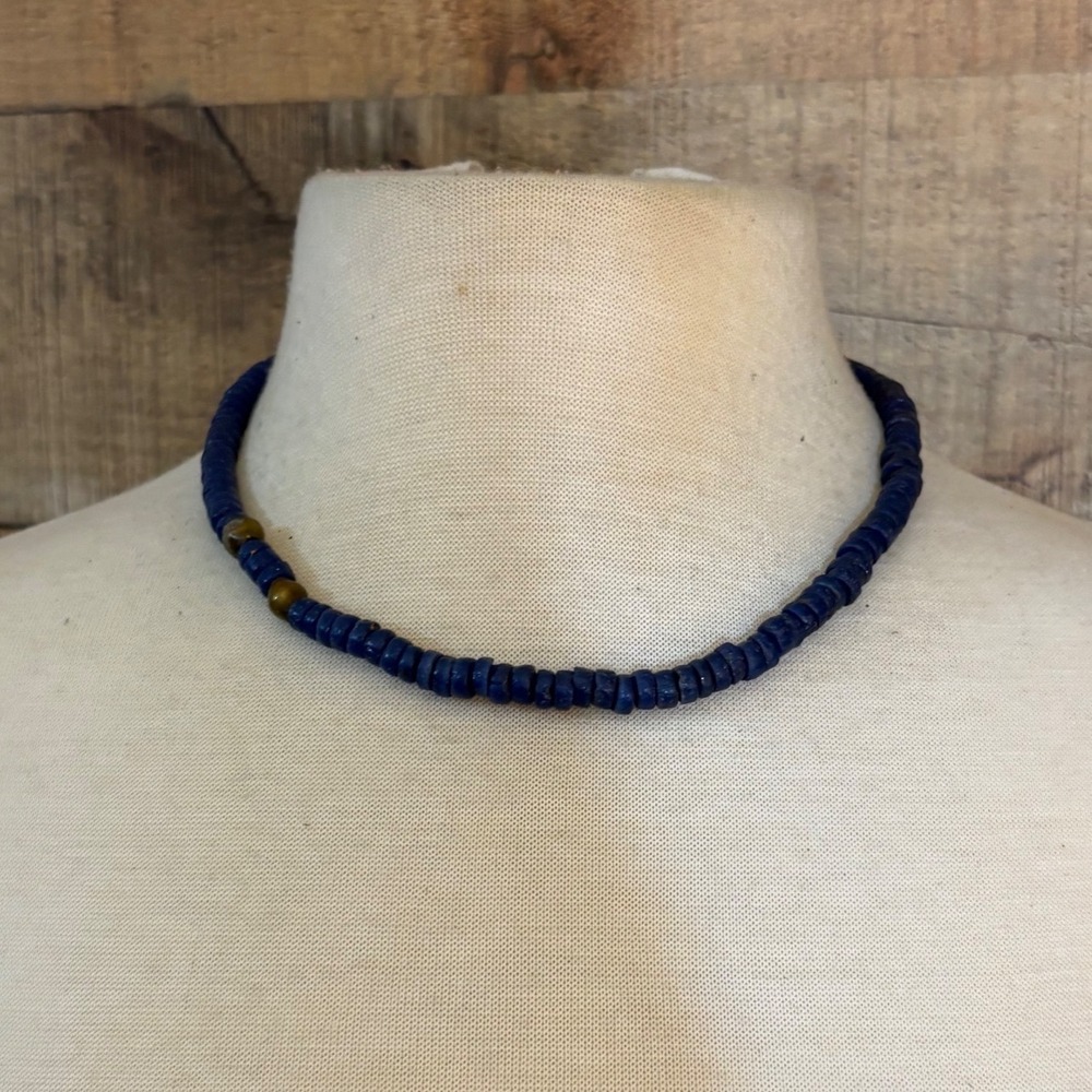 Blue Beaded Choker Necklace Cobalt Disc Beads Silver Barrel Clasp